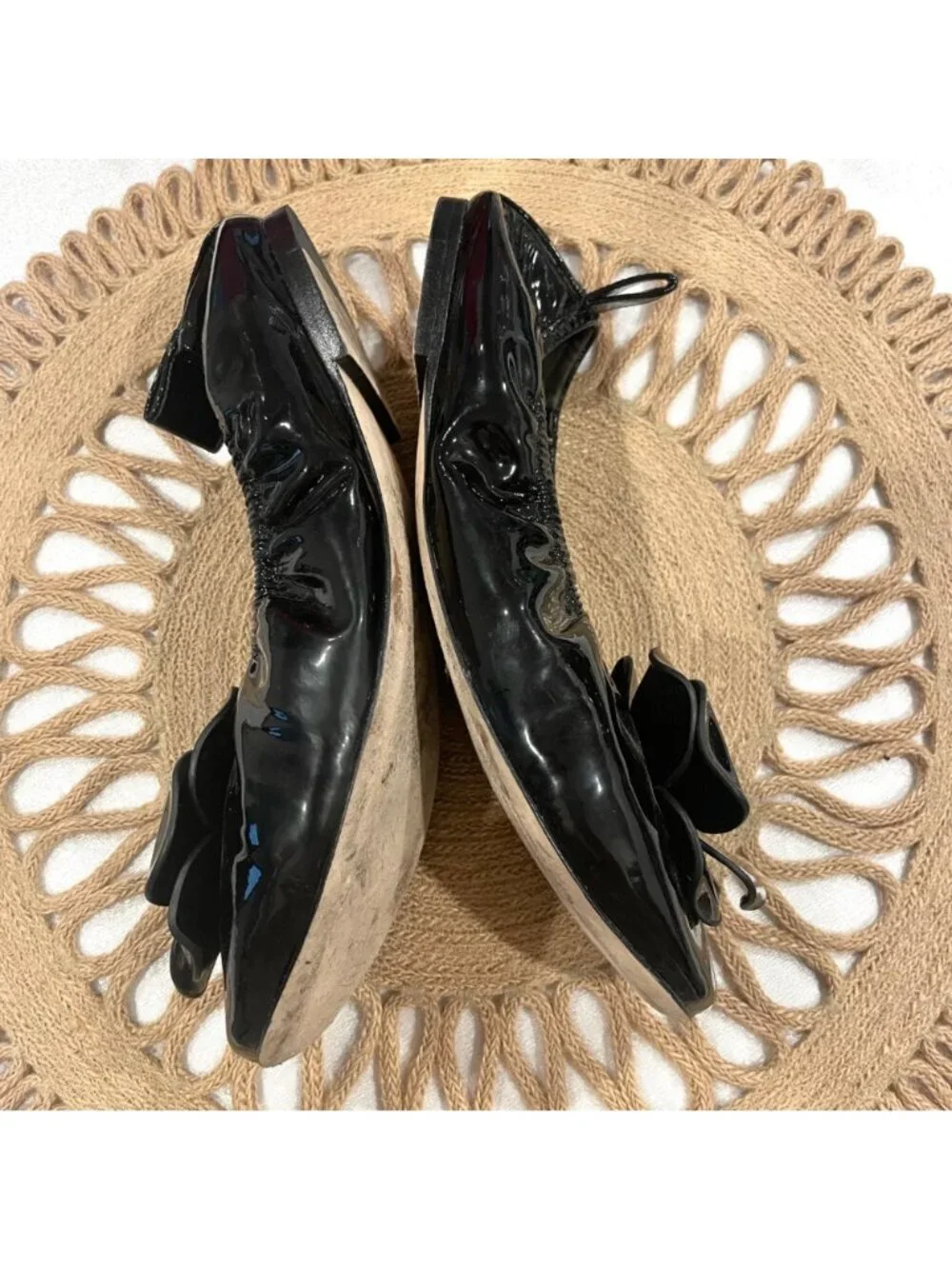 Tory Burch Floral Applique Patent Leather Ballet Flats Size 8 Black